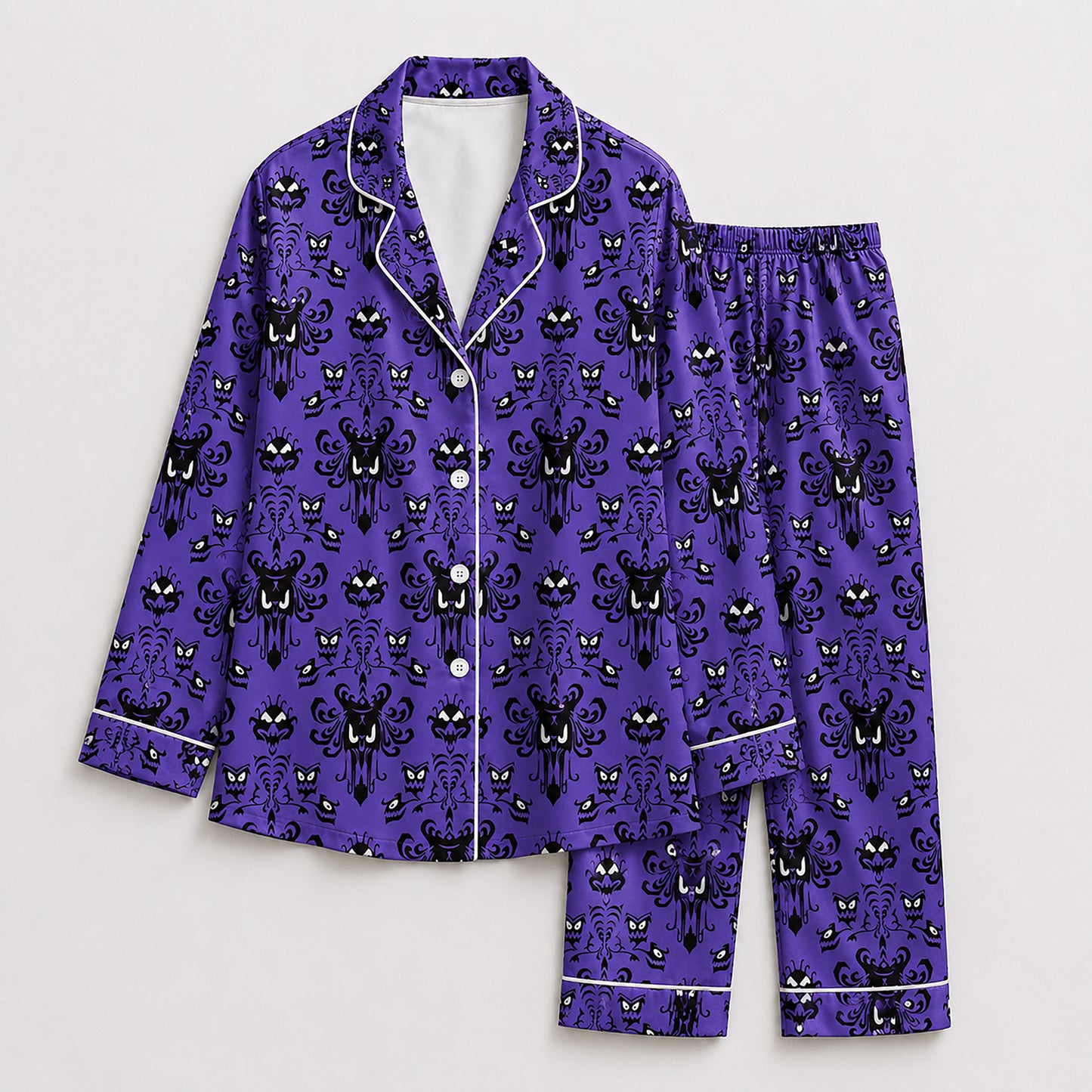PJ-652-Haunted Night Satin Pajama Set, Spooky Autumn Sleepwear, Cozy Halloween Loungewear, Halloween Gift