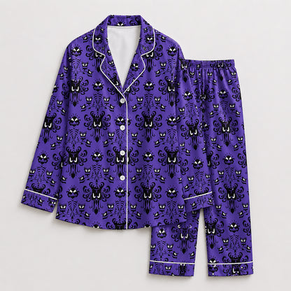 PJ-652-Haunted Night Satin Pajama Set, Spooky Autumn Sleepwear, Cozy Halloween Loungewear, Halloween Gift