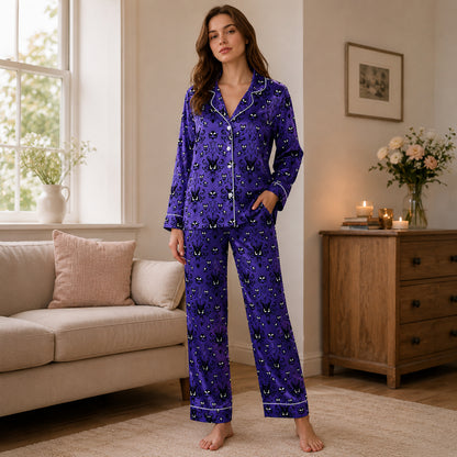 PJ-652-Haunted Night Satin Pajama Set, Spooky Autumn Sleepwear, Cozy Halloween Loungewear, Halloween Gift