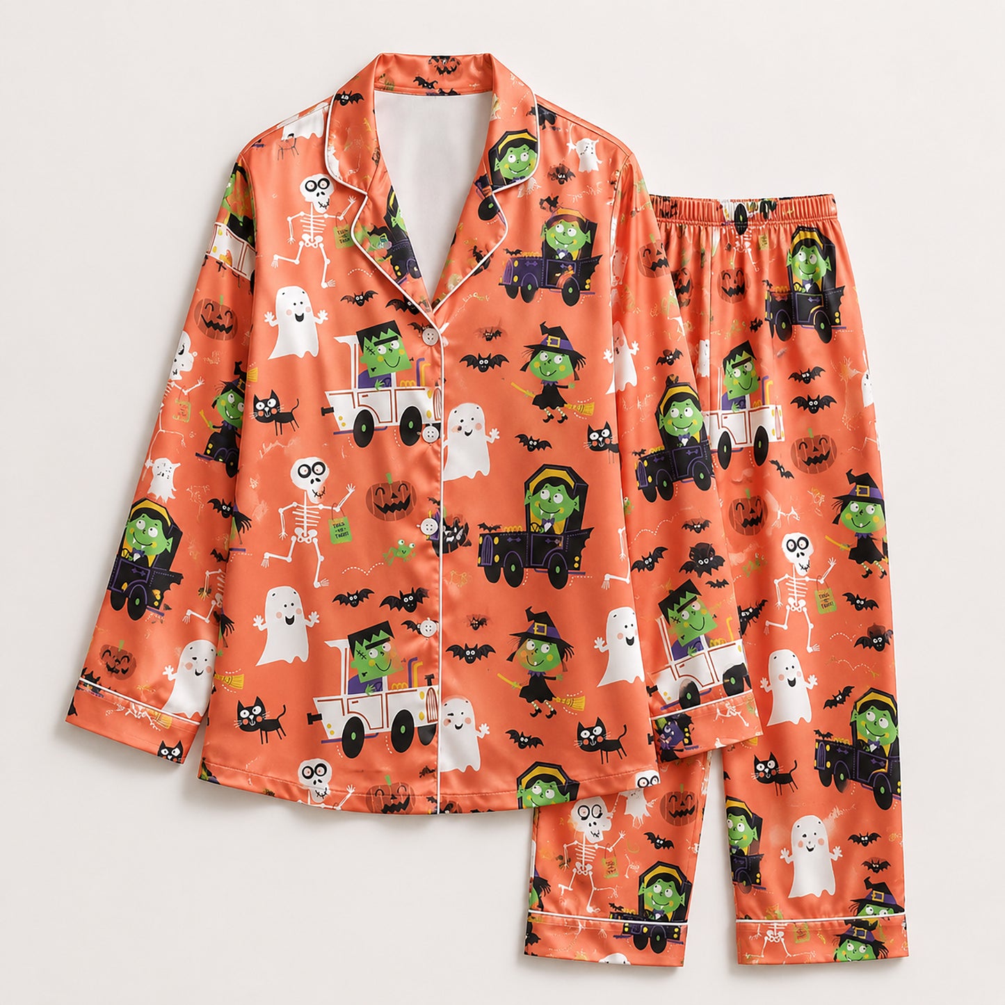 PJ-653-Halloween Satin Loungewear Set, Cute Scary Printed Pajamas, Cozy Fall Nightwear, Spooky Season Sleepwear Gift