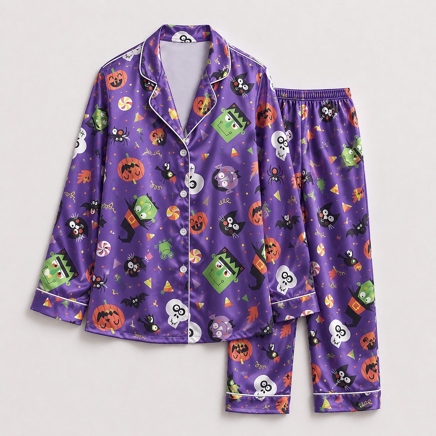 PJ-654-Halloween Pajama Set, Dark Festive Pattern Sleepwear, Soft Satin Lounge Outfit, Cozy Autumn Nightwear