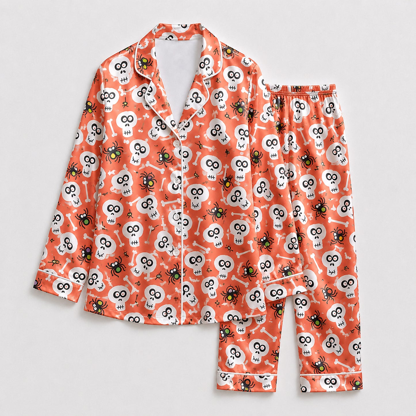 PJ-655-Spooky Season Satin Pajamas, Halloween Themed Skull Sleepwear Set, Long Sleeve Loungewear, Fall Gift Idea