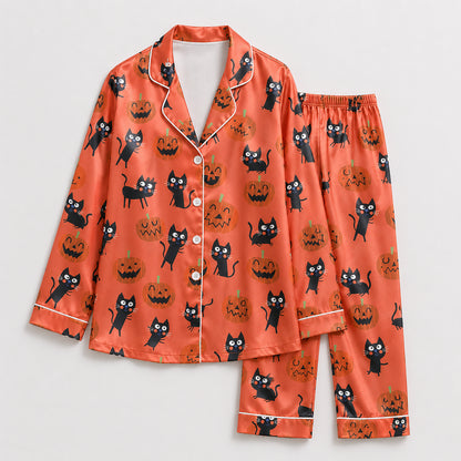 PJ-656-Halloween Black Cat Button Down Pajamas, Spooky Printed Satin Sleepwear, Matching Lounge Set, Autumn Nightwear