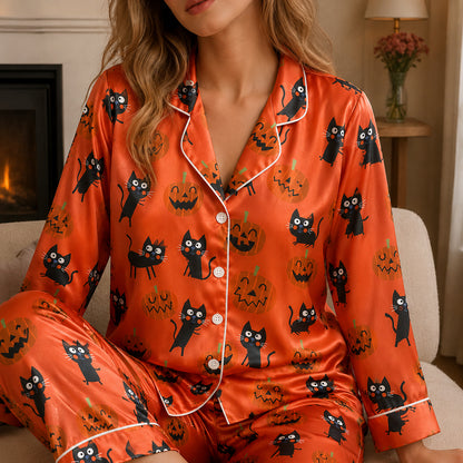 PJ-656-Halloween Black Cat Button Down Pajamas, Spooky Printed Satin Sleepwear, Matching Lounge Set, Autumn Nightwear