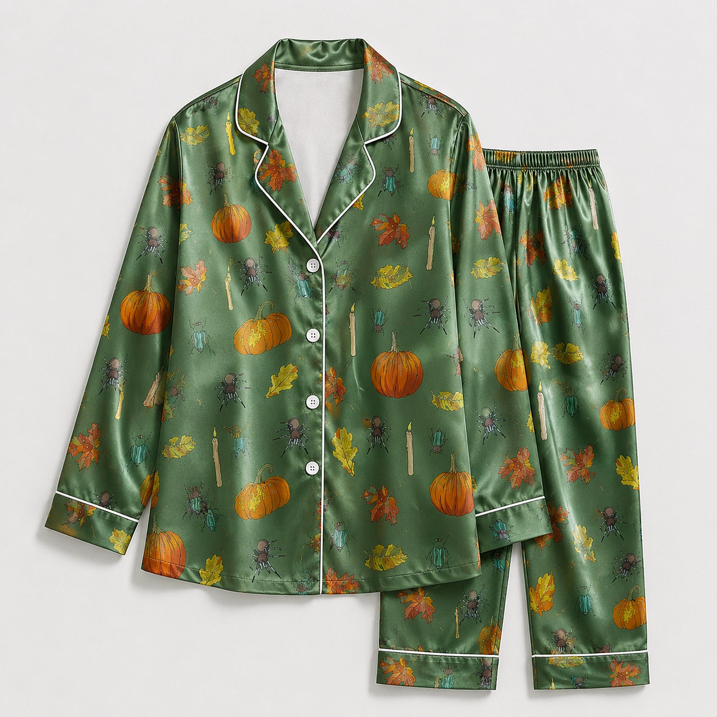 PJ-657-Spooky Sweet Satin Pajamas, Fun Halloween Sleepwear Set, Playful October Loungewear, Cozy Nightwear