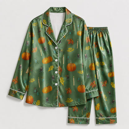PJ-657-Spooky Sweet Satin Pajamas, Fun Halloween Sleepwear Set, Playful October Loungewear, Cozy Nightwear