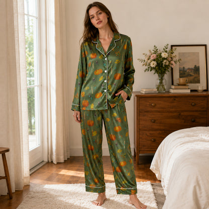PJ-657-Spooky Sweet Satin Pajamas, Fun Halloween Sleepwear Set, Playful October Loungewear, Cozy Nightwear