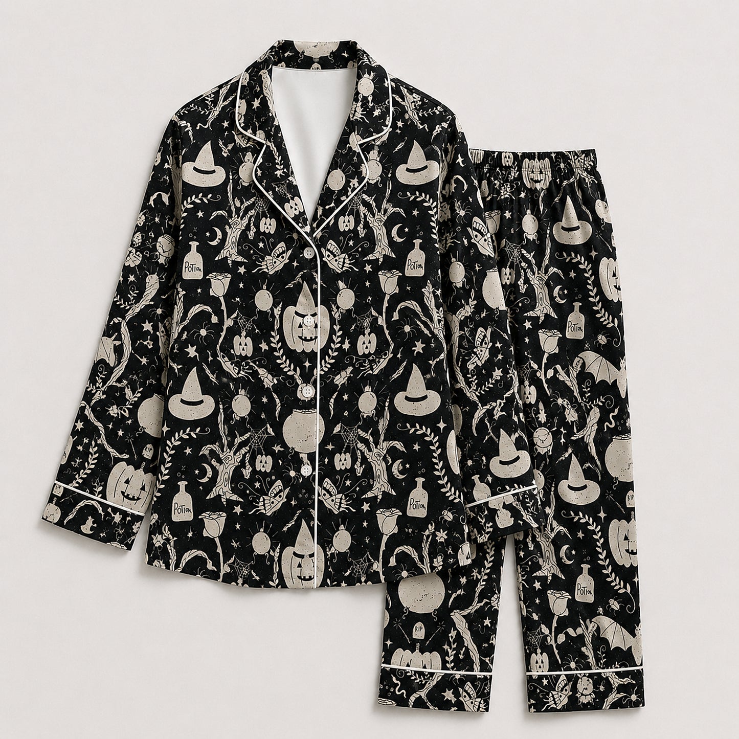 PJ-658-Halloween Pajama Party Set, Whimsical Satin Sleepwear, Cozy Fall Lounge Outfit, Festive Seasonal Gift