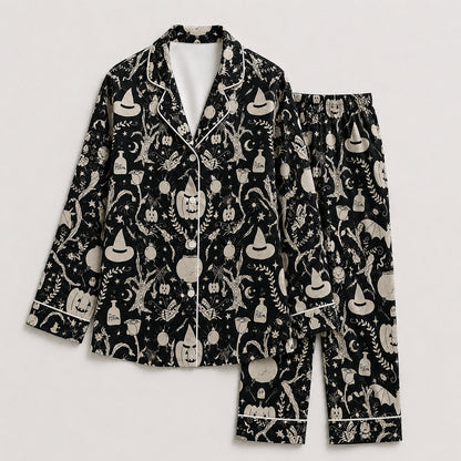 PJ-658-Halloween Pajama Party Set, Whimsical Satin Sleepwear, Cozy Fall Lounge Outfit, Festive Seasonal Gift