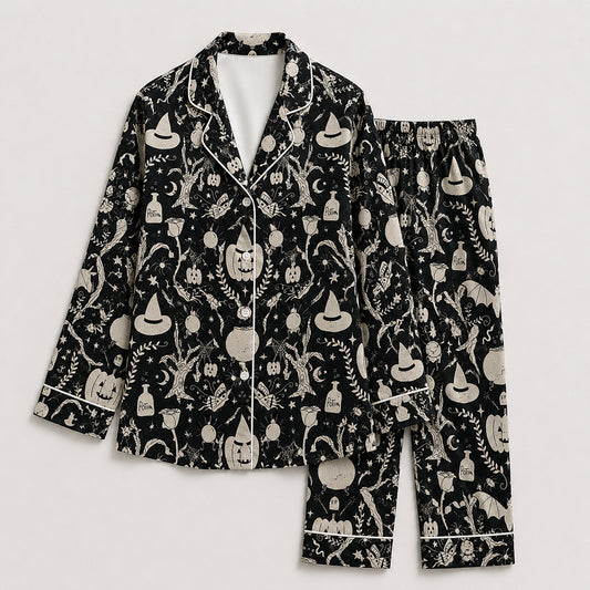 PJ-658-Halloween Pajama Party Set, Whimsical Satin Sleepwear, Cozy Fall Lounge Outfit, Festive Seasonal Gift