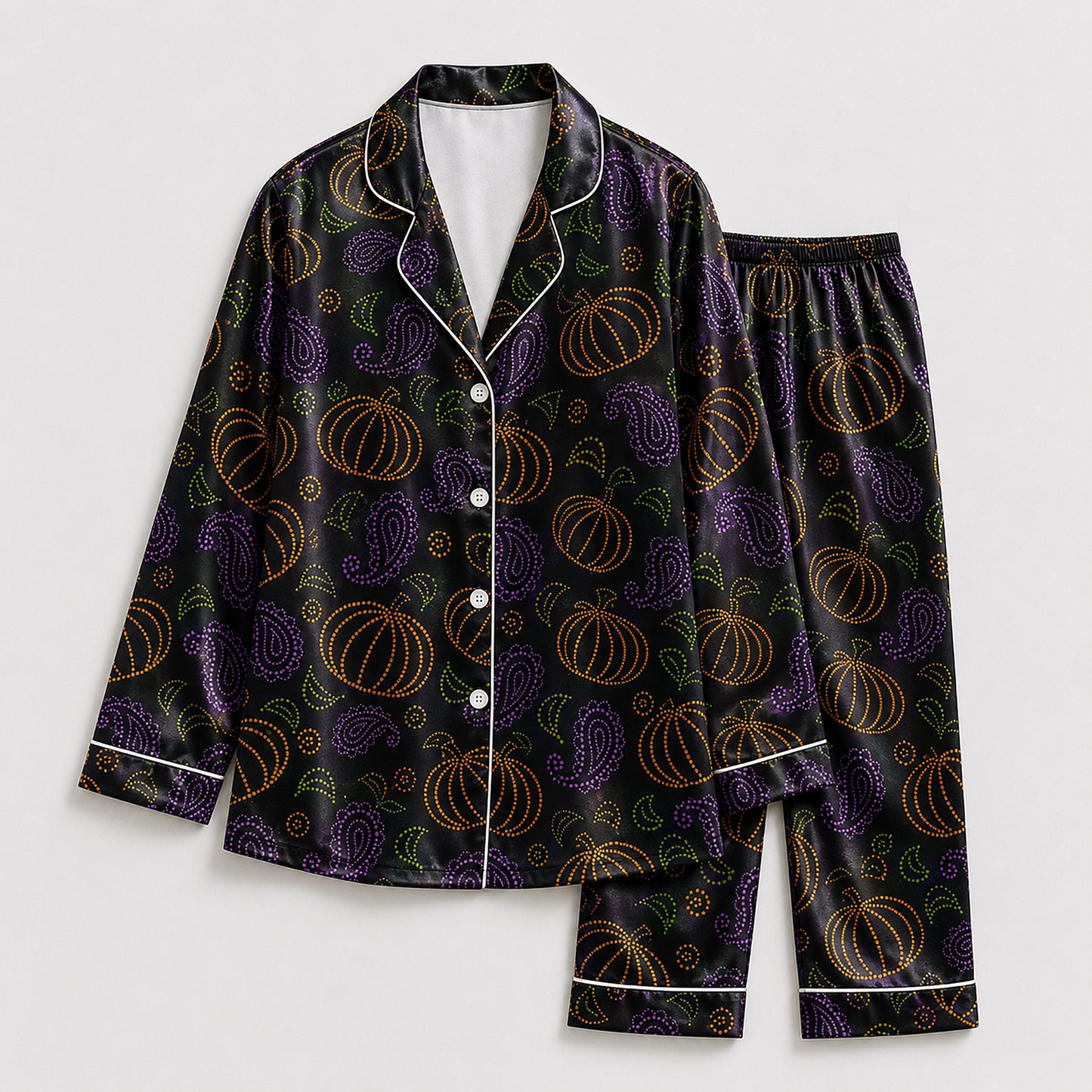 PJ-659-Spooky Joyride Satin Pajamas, Fun Halloween Sleepwear Set, Relaxed October Loungewear, Cozy Gift