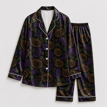PJ-659-Spooky Joyride Satin Pajamas, Fun Halloween Sleepwear Set, Relaxed October Loungewear, Cozy Gift