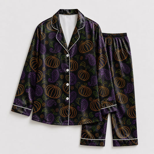 PJ-659-Spooky Joyride Satin Pajamas, Fun Halloween Sleepwear Set, Relaxed October Loungewear, Cozy Gift