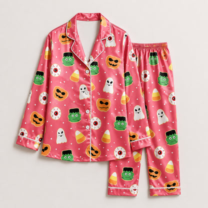 PJ-661-Spooky Monsters Pajama Set, Fun Satin Sleepwear, Cozy October Loungewear, Whimsical Nightwear