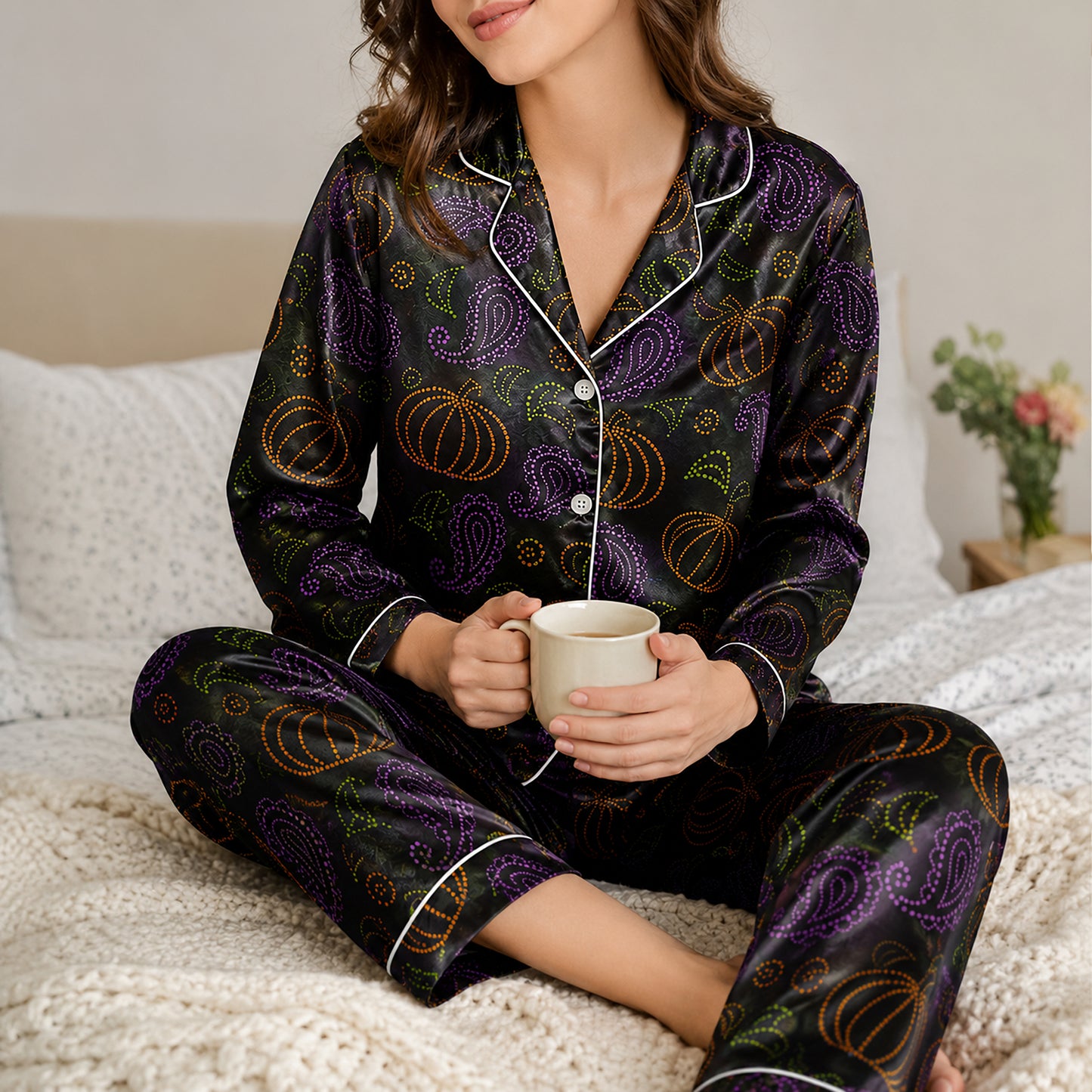 PJ-659-Spooky Joyride Satin Pajamas, Fun Halloween Sleepwear Set, Relaxed October Loungewear, Cozy Gift