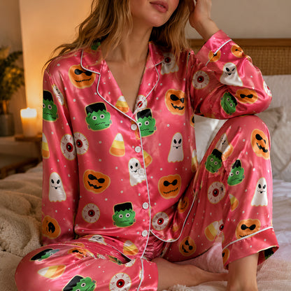 PJ-661-Spooky Monsters Pajama Set, Fun Satin Sleepwear, Cozy October Loungewear, Whimsical Nightwear