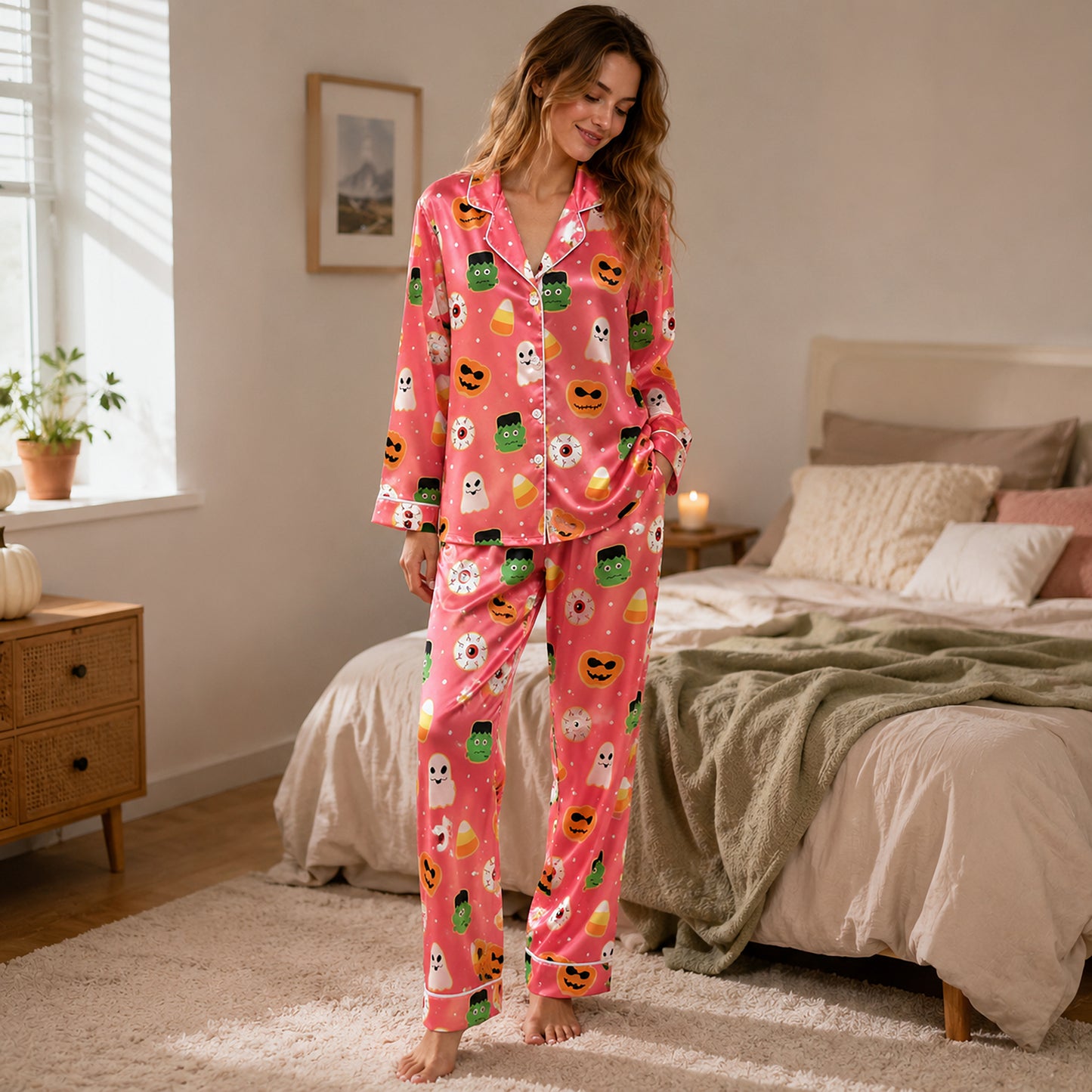 PJ-661-Spooky Monsters Pajama Set, Fun Satin Sleepwear, Cozy October Loungewear, Whimsical Nightwear