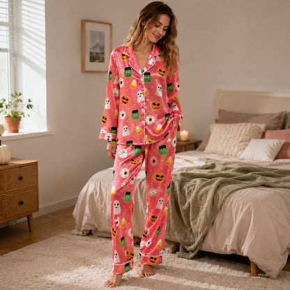 PJ-661-Spooky Monsters Pajama Set, Fun Satin Sleepwear, Cozy October Loungewear, Whimsical Nightwear