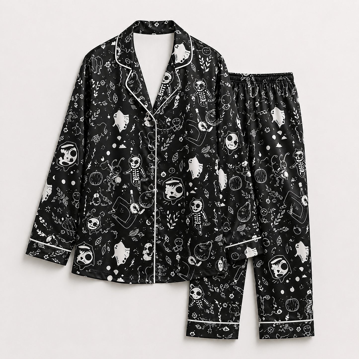 PJ-660-Black Spooky Skeleton Satin Pajamas Ghost Pumpkin Halloween Pjs
