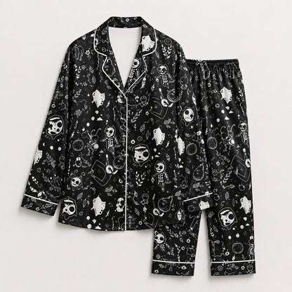 PJ-660-Black Spooky Skeleton Satin Pajamas Ghost Pumpkin Halloween Pjs