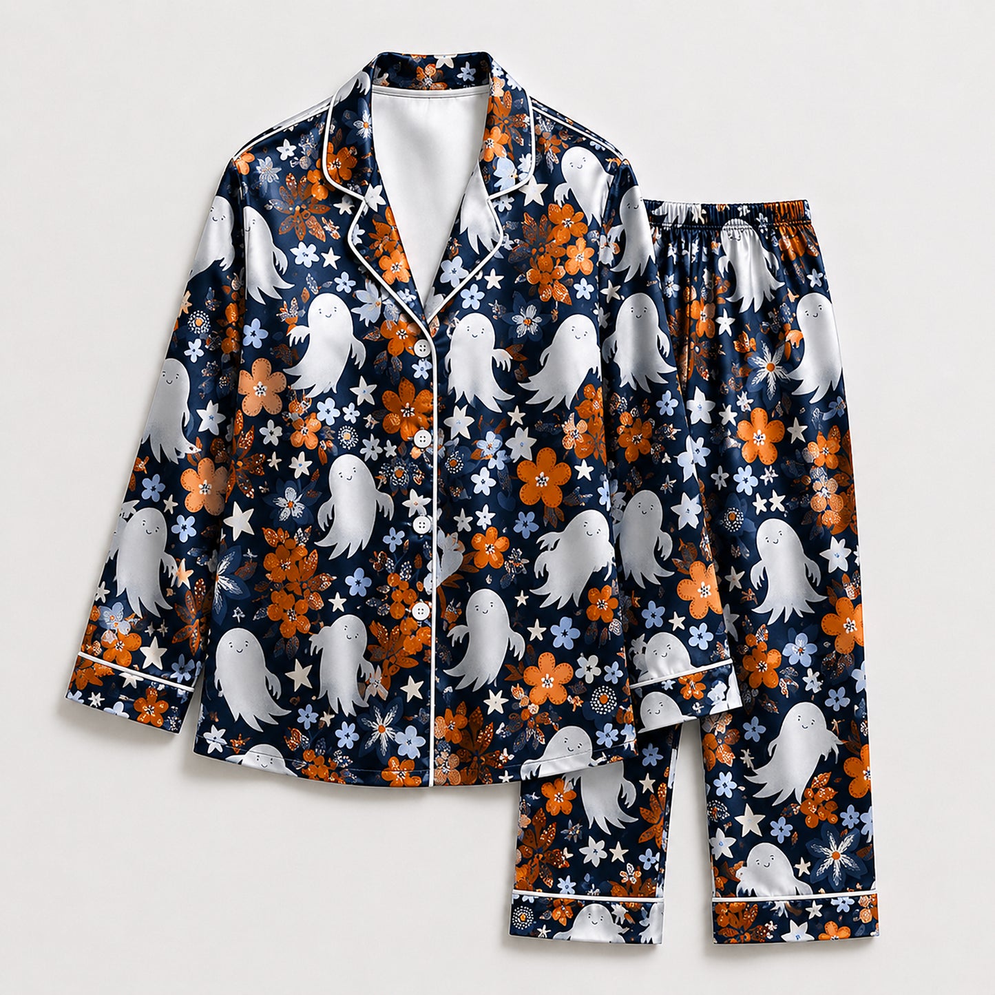 PJ-662-Halloween Satin Pajama Set, Spooky Printed Sleepwear, Cozy Fall Loungewear