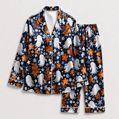 PJ-662-Halloween Satin Pajama Set, Spooky Printed Sleepwear, Cozy Fall Loungewear
