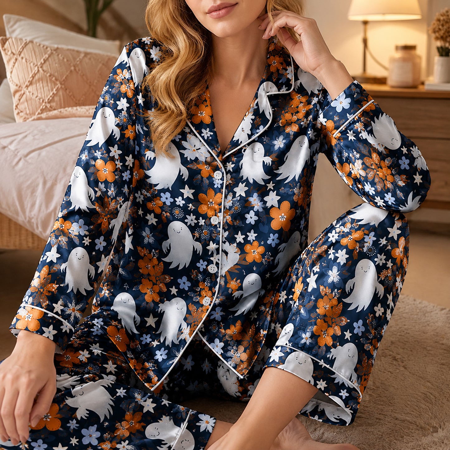 PJ-662-Halloween Satin Pajama Set, Spooky Printed Sleepwear, Cozy Fall Loungewear