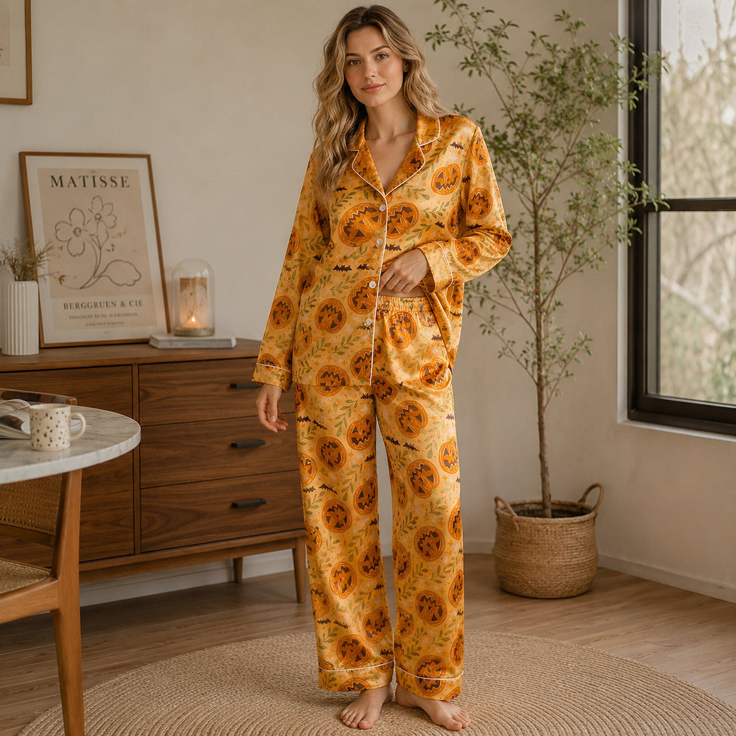 PJ-663-Cute Halloween Pajamas, Sketchy Pumpkin Sleepwear, Autumn Lounge Set