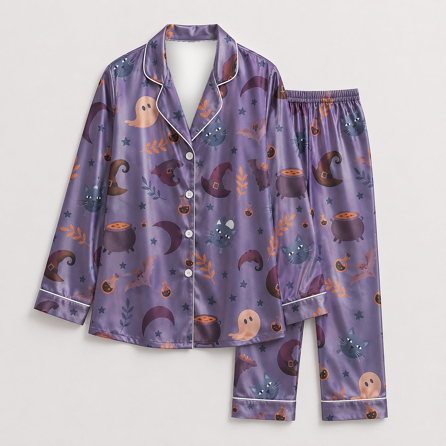 PJ-664-Spooky Season Satin Pajama Set White And Purple, Halloween Printed Nightwear, Soft Matching Sleepwear, Cozy Fall Loungewear