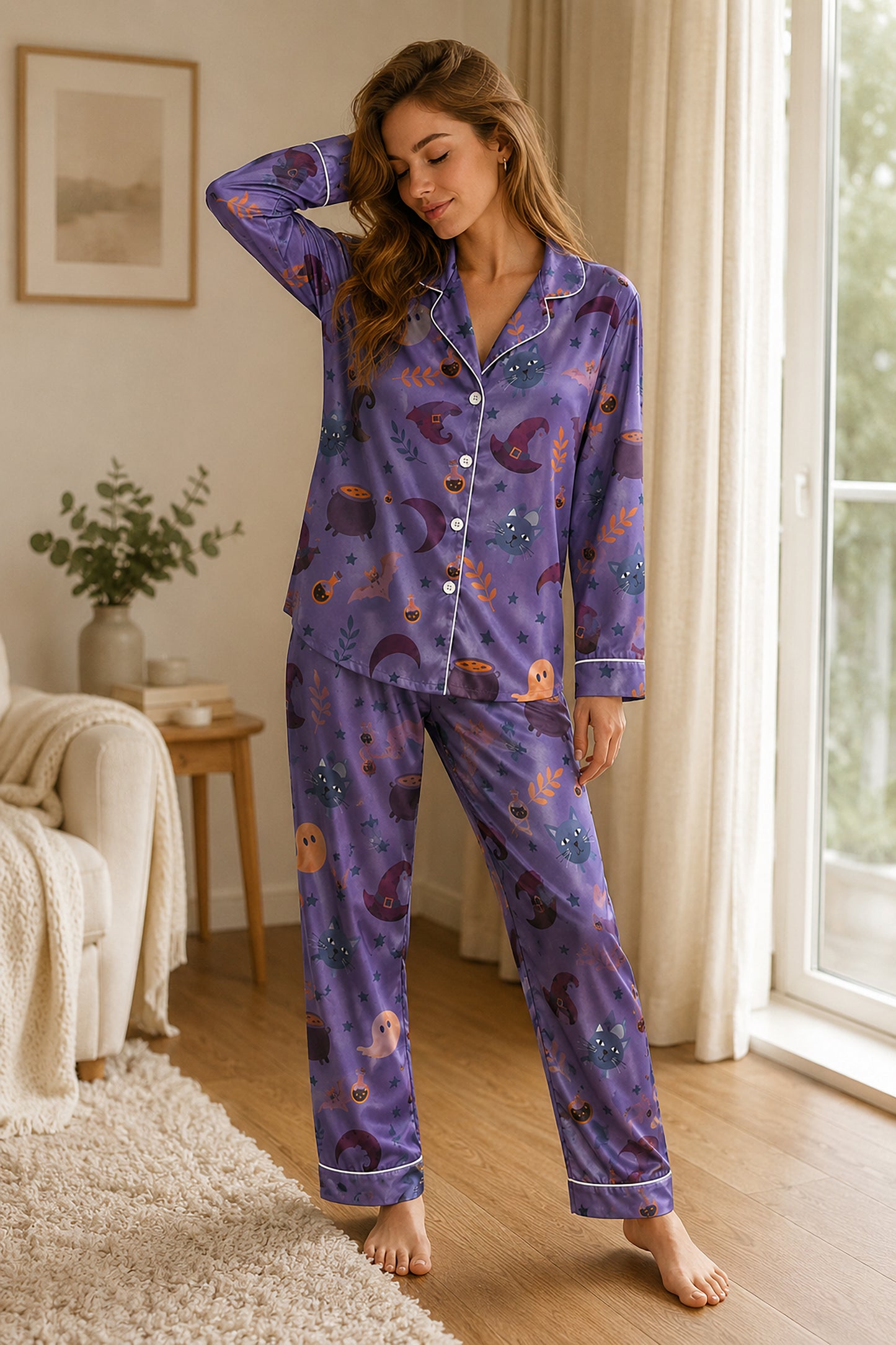 PJ-664-Spooky Season Satin Pajama Set White And Purple, Halloween Printed Nightwear, Soft Matching Sleepwear, Cozy Fall Loungewear