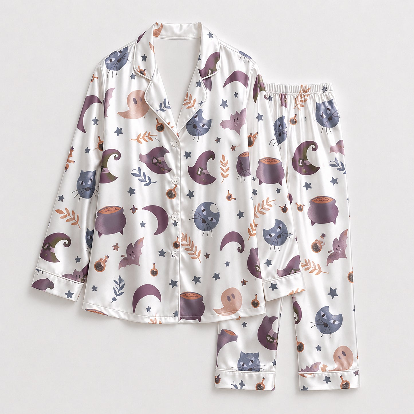 PJ-664-Spooky Season Satin Pajama Set White And Purple, Halloween Printed Nightwear, Soft Matching Sleepwear, Cozy Fall Loungewear
