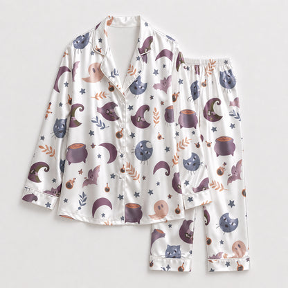 PJ-664-Spooky Season Satin Pajama Set White And Purple, Halloween Printed Nightwear, Soft Matching Sleepwear, Cozy Fall Loungewear