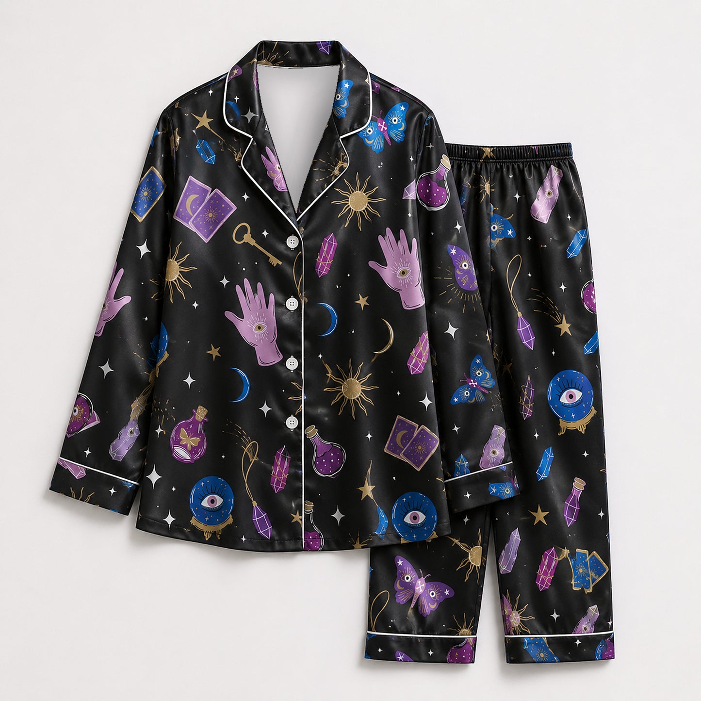 PJ-666-Gothic Halloween Satin Pajamas Purple And Black, Spooky Pattern Nightwear, Dark Fall Lounge Set, Alternative Halloween Sleepwear