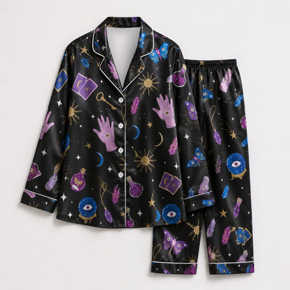 PJ-666-Gothic Halloween Satin Pajamas Purple And Black, Spooky Pattern Nightwear, Dark Fall Lounge Set, Alternative Halloween Sleepwear