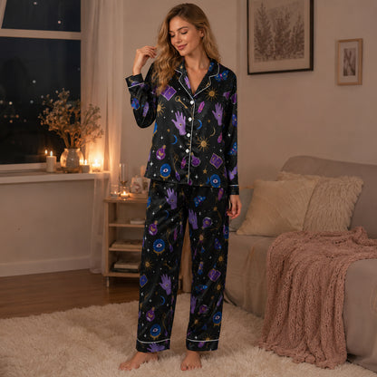 PJ-666-Gothic Halloween Satin Pajamas Purple And Black, Spooky Pattern Nightwear, Dark Fall Lounge Set, Alternative Halloween Sleepwear