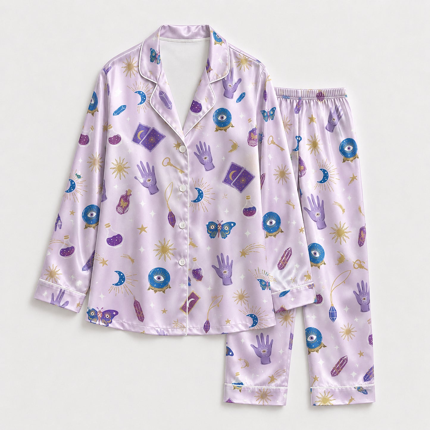PJ-666-Gothic Halloween Satin Pajamas Purple And Black, Spooky Pattern Nightwear, Dark Fall Lounge Set, Alternative Halloween Sleepwear