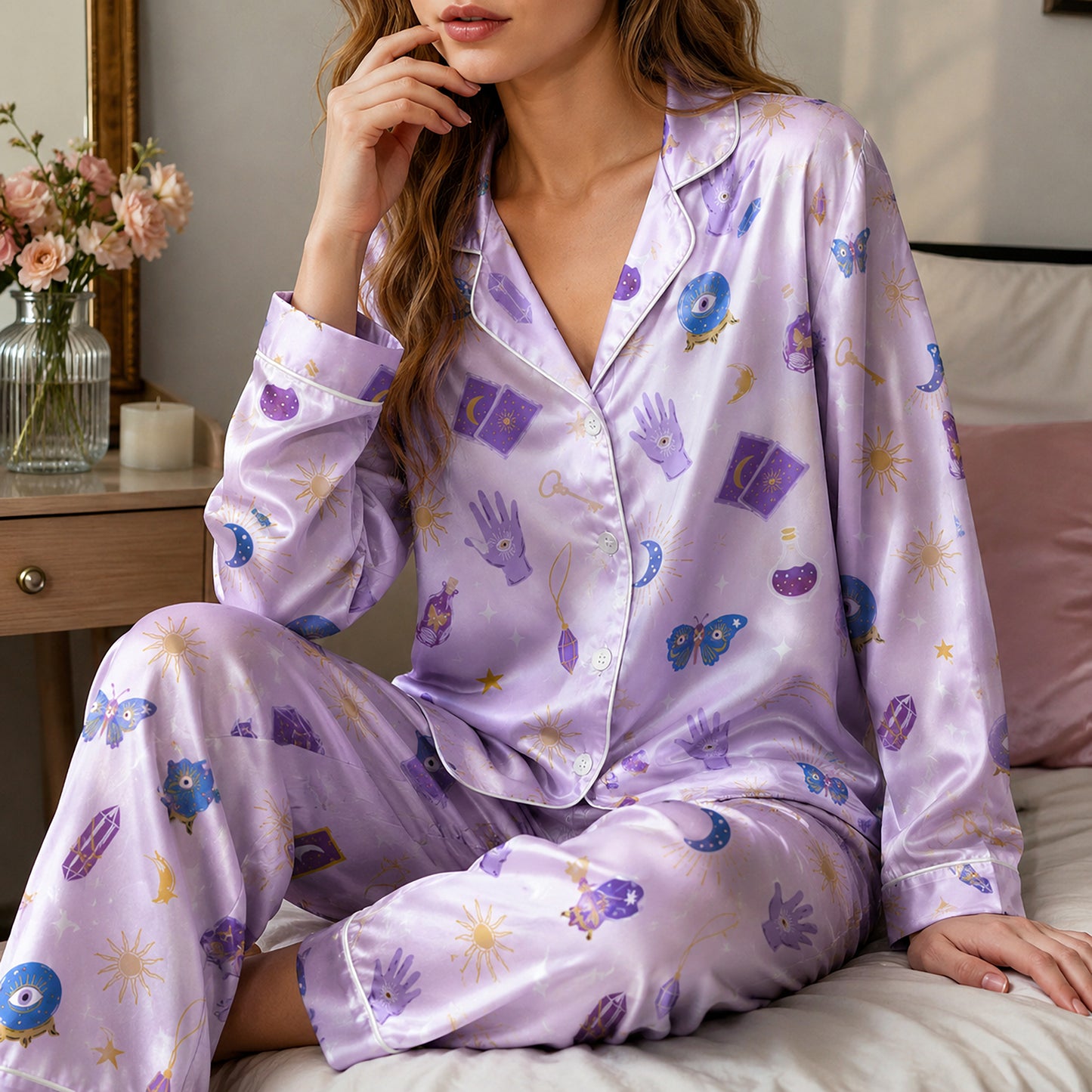 PJ-666-Gothic Halloween Satin Pajamas Purple And Black, Spooky Pattern Nightwear, Dark Fall Lounge Set, Alternative Halloween Sleepwear
