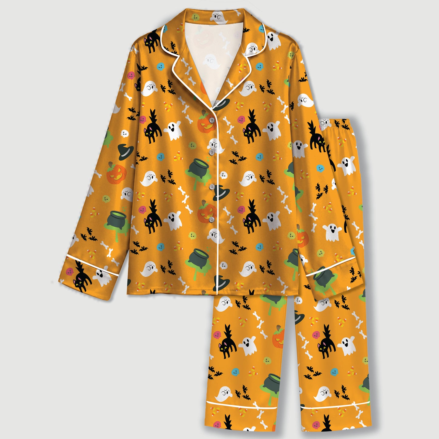 PJ-667-Orange Purple Halloween Pattern Satin Pajamas Ghost Pumpkin Cat Sleepwear Pjs
