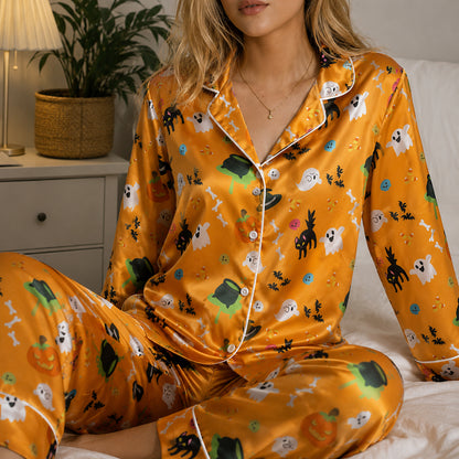 PJ-667-Orange Purple Halloween Pattern Satin Pajamas Ghost Pumpkin Cat Sleepwear Pjs