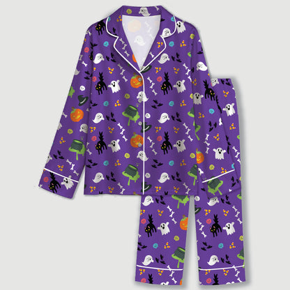 PJ-667-Orange Purple Halloween Pattern Satin Pajamas Ghost Pumpkin Cat Sleepwear Pjs