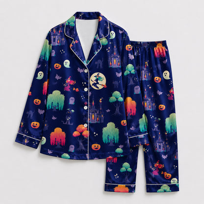 PJ-668-Spooky Celebration Satin Pajamas, Festive Halloween Sleepwear Set, Relaxed Autumn Loungewear Gift