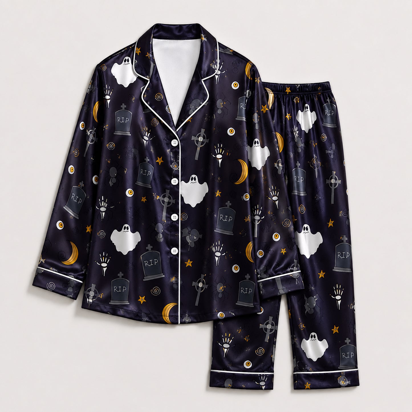 PJ-669-October Whimsy Pajama Set, Fun Halloween Satin Nightwear, Cozy Button Down Lounge Outfit