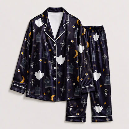 PJ-669-October Whimsy Pajama Set, Fun Halloween Satin Nightwear, Cozy Button Down Lounge Outfit