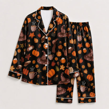 PJ-670-Spooky Sweet Pajama Set, Whimsical Halloween Satin Sleepwear, Cozy Autumn Lounge Set, Festive Gift