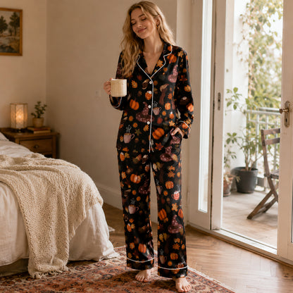 PJ-670-Spooky Sweet Pajama Set, Whimsical Halloween Satin Sleepwear, Cozy Autumn Lounge Set, Festive Gift