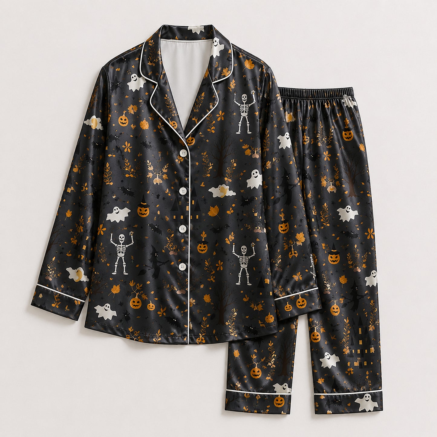 PJ-671-October Mischief Satin Pajamas, Fun Halloween Pattern Sleepwear, Soft Button Up Loungewear