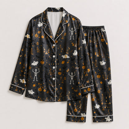 PJ-671-October Mischief Satin Pajamas, Fun Halloween Pattern Sleepwear, Soft Button Up Loungewear