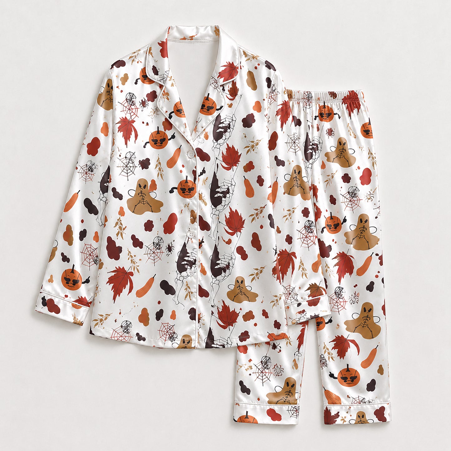 PJ-672-Halloween Magic Satin Pajama Set, Whimsical Printed Sleepwear, Cozy Autumn Loungewear, Seasonal Nightwear Gift