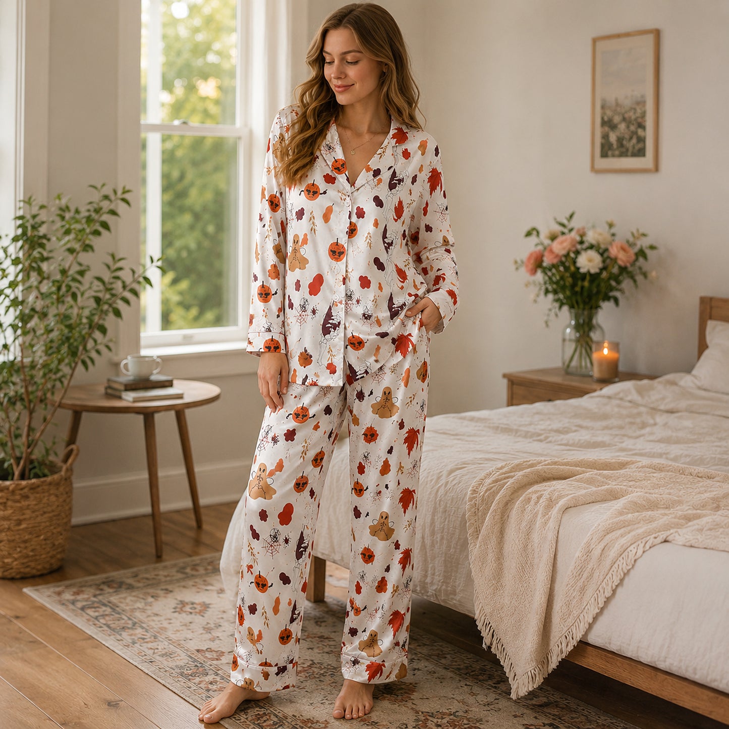 PJ-672-Halloween Magic Satin Pajama Set, Whimsical Printed Sleepwear, Cozy Autumn Loungewear, Seasonal Nightwear Gift