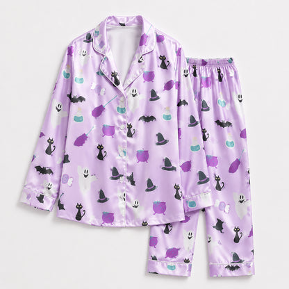 PJ-673-Spooky Fun Satin Pajamas, Playful Halloween Sleepwear Set, Soft Button Down Loungewear, Cozy Fall Gift